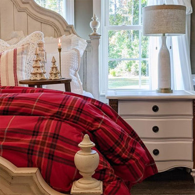Half Front View of Vilano Plaid Comforter Set in Red#color_plaid-red
