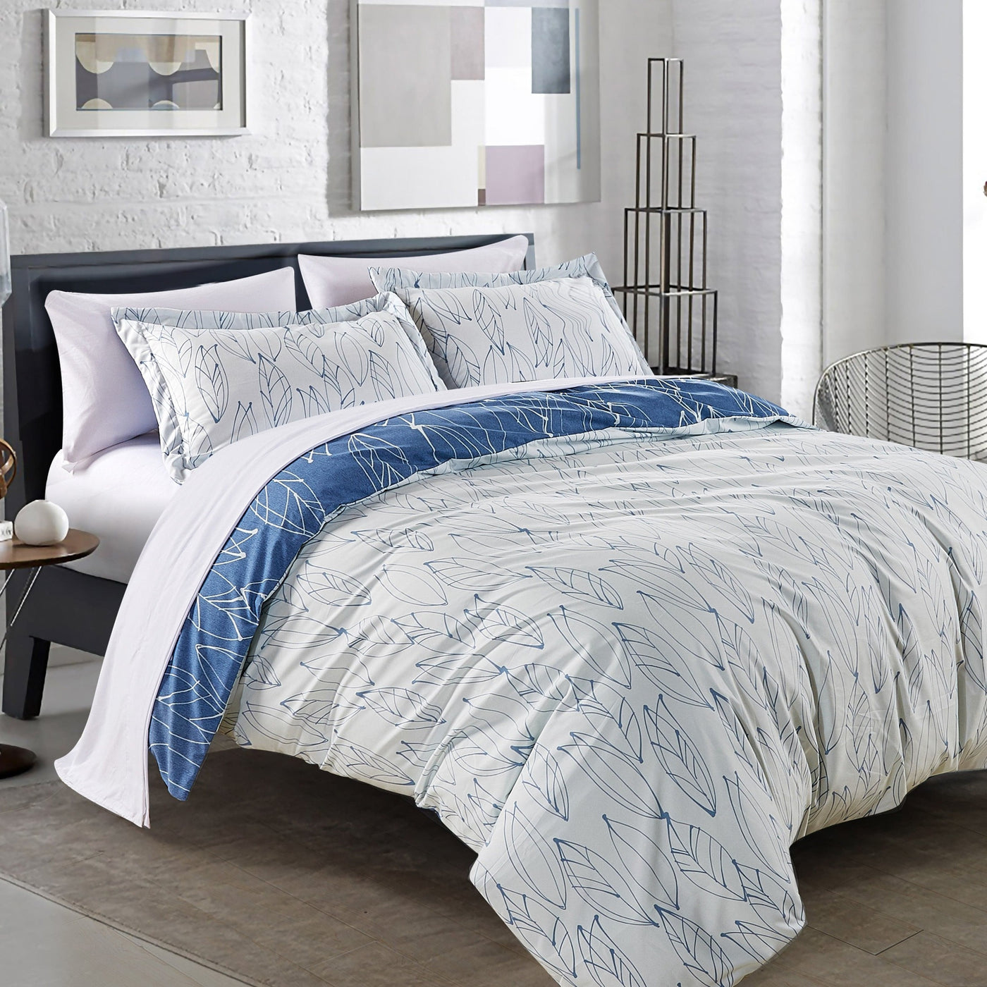 Side View of Modern Foliage Reversible Duvet Cover Set in Blue#color_modern-foliage-blue
