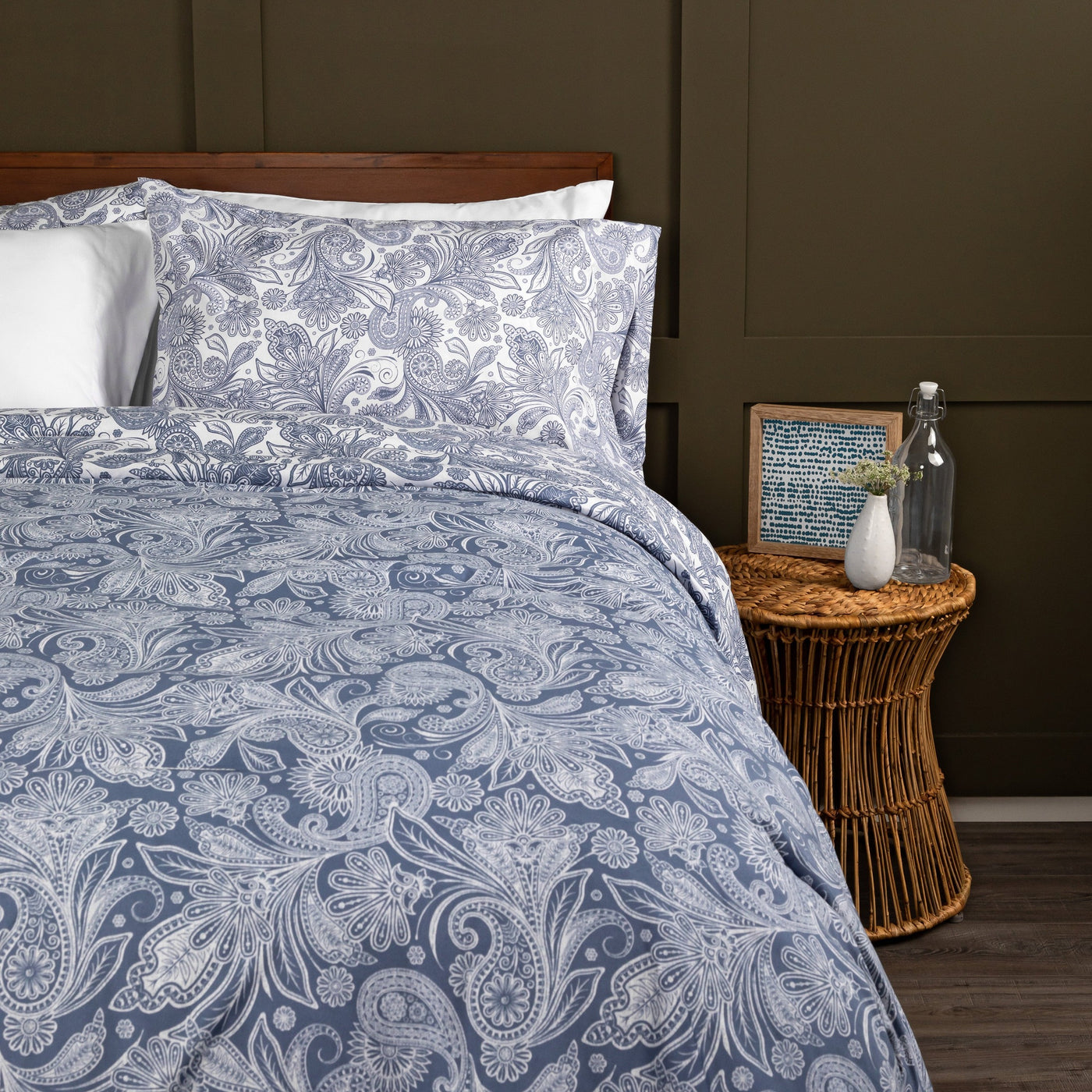 Half Front View of Perfect Paisley Reversible Comforter Set in Blue#color_perfect-paisley-blue