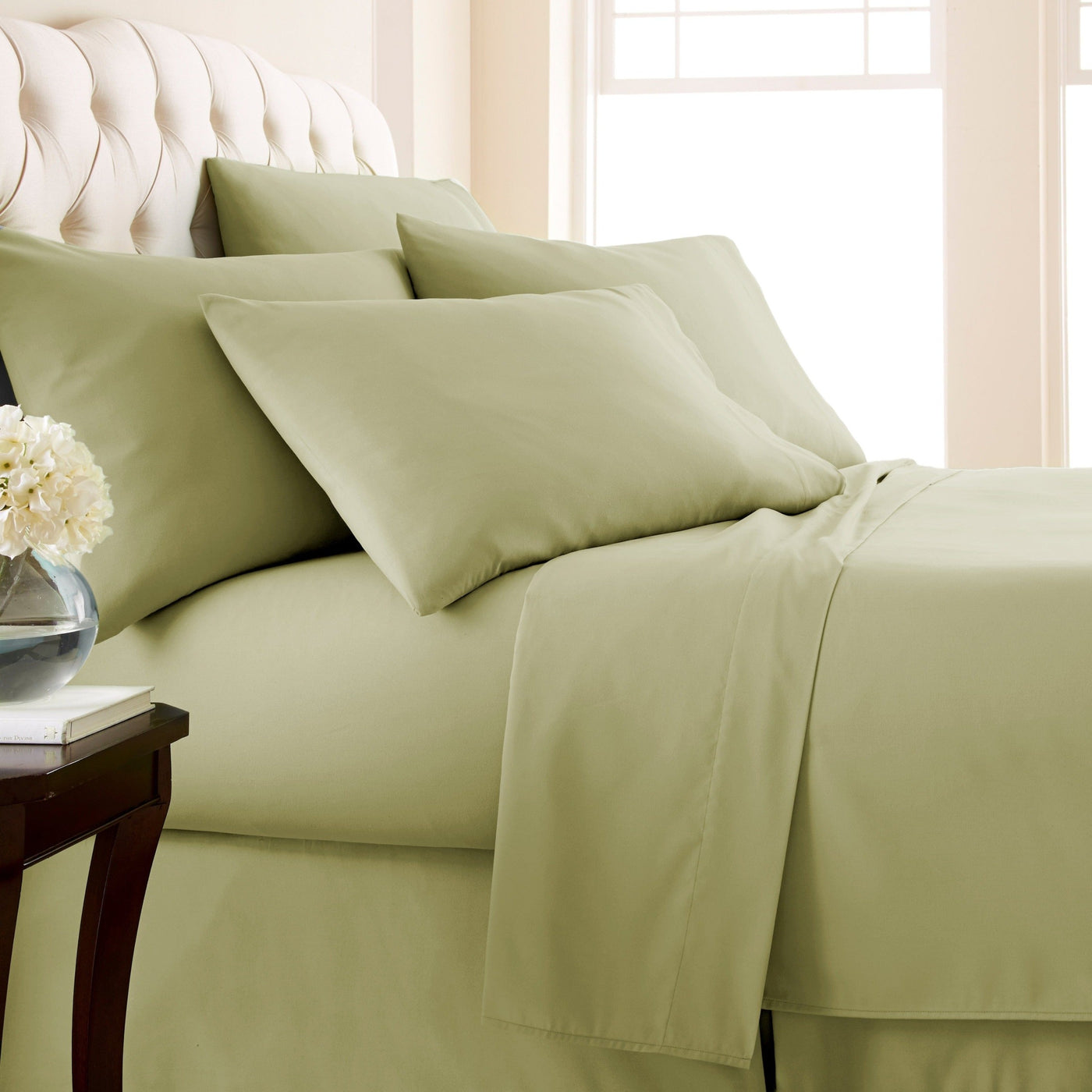 Side View of Everyday Essentials 6-Piece Sheet Set in Sage Green#color_sage-green