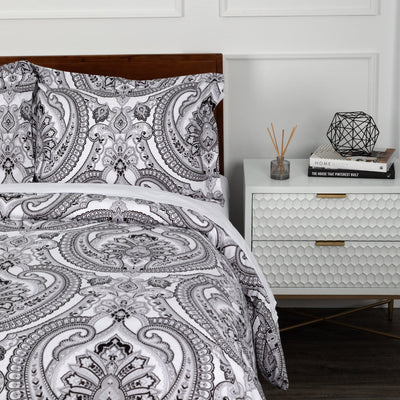 Half Front View of Pure Melody Duvet Cover Set in Black#color_pure-melody-black