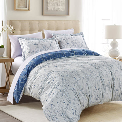 Side View of Modern Foliage Reversible Duvet Cover Set in Blue#color_modern-foliage-blue