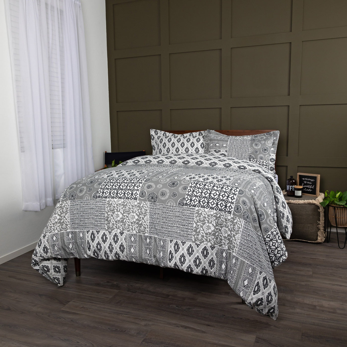 Side View of Global Patchwork Duvet Cover Set in Grey#color_patchwork-grey