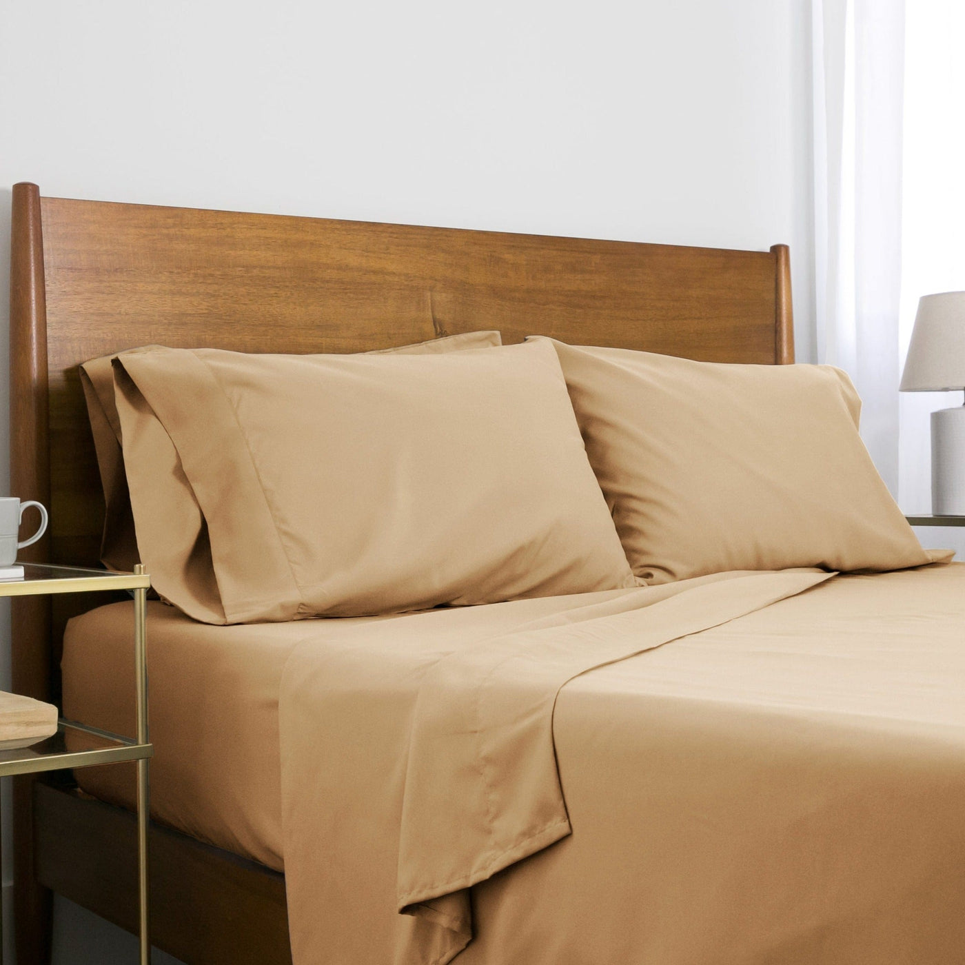 Side View of Everyday Essentials 6-Piece Sheet Set in Warm Sand#color_warm-sand