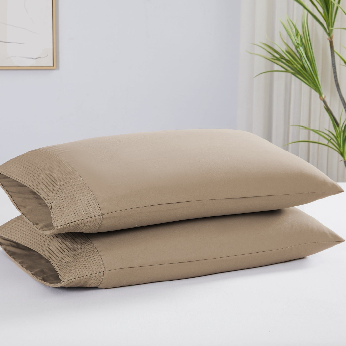 Vilano Pleated Pillow Cases in Taupe Stack Together#color_vilano-taupe