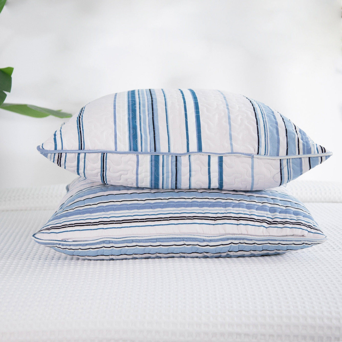 Coastal Stripes Quilted Sham Covers in Blue Stack Together#color_coastal-stripe-blue