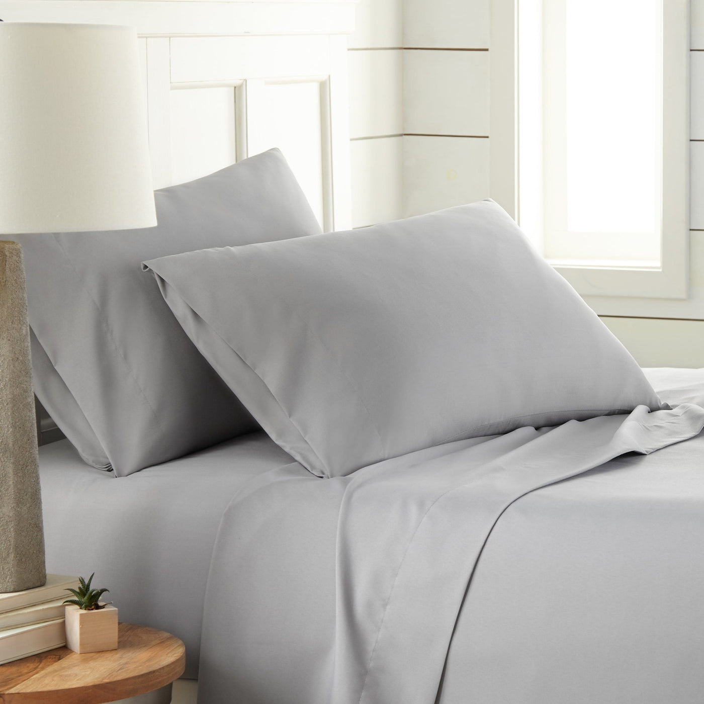 Side View of Southshore Essentials 4-Piece Sheet Set in Grey#color_steel-grey
