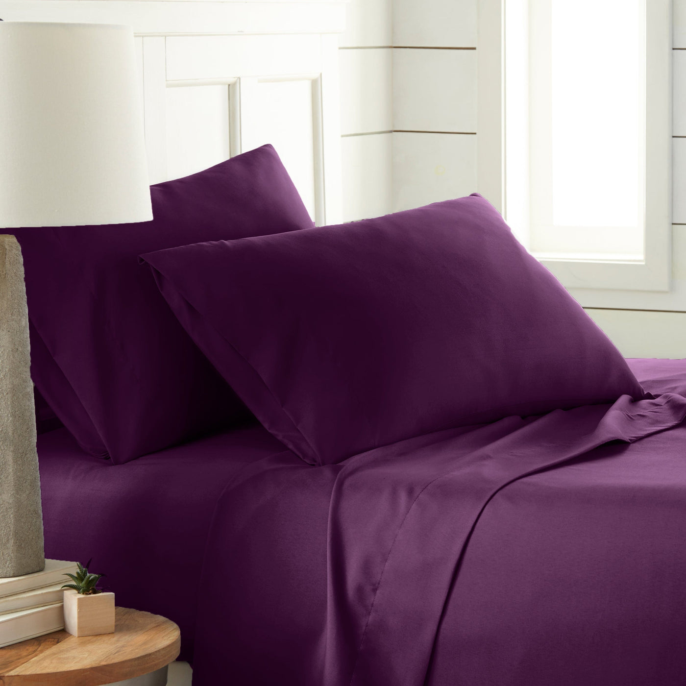 Side View of Southshore Essentials 4-Piece Sheet Set in Purple#color_purple