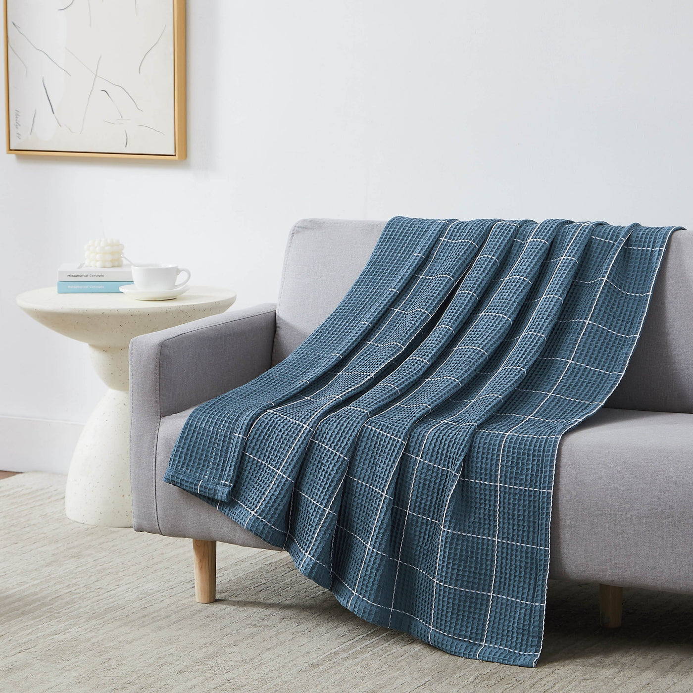 Check Cotton Blanket and Throw in stee; blue on sofa#color_steel-blue-with-white-check