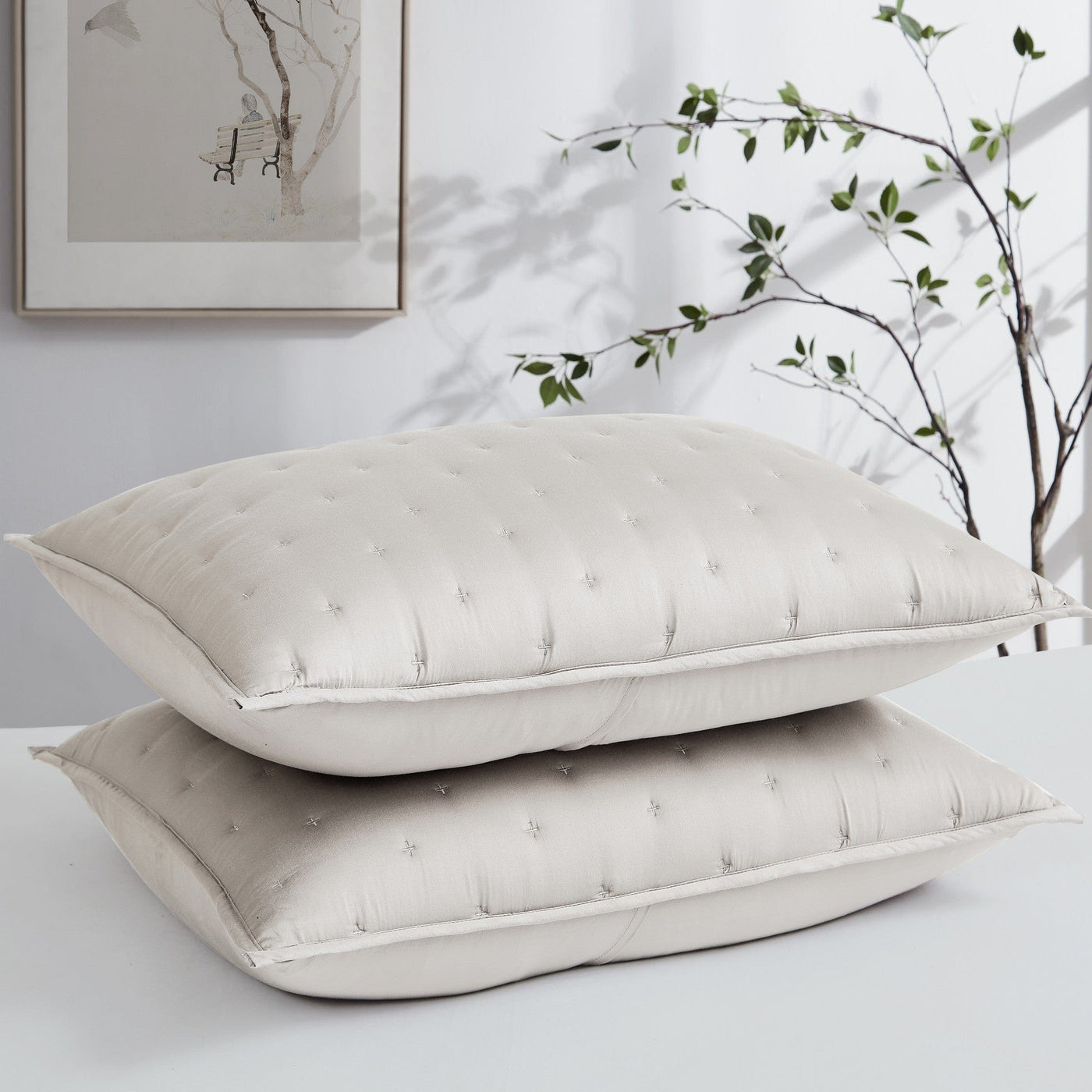 Luxurious Bamboo Viscose Quilted Sham in Bone stack together#color_bamboo-bone