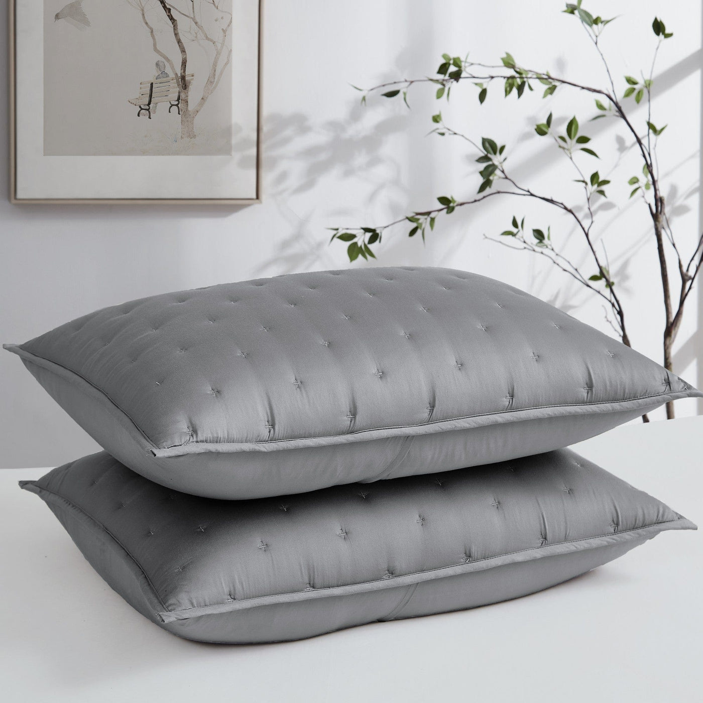 Luxurious Bamboo Viscose Quilted Sham in Steel Grey stack together#color_bamboo-steel-grey