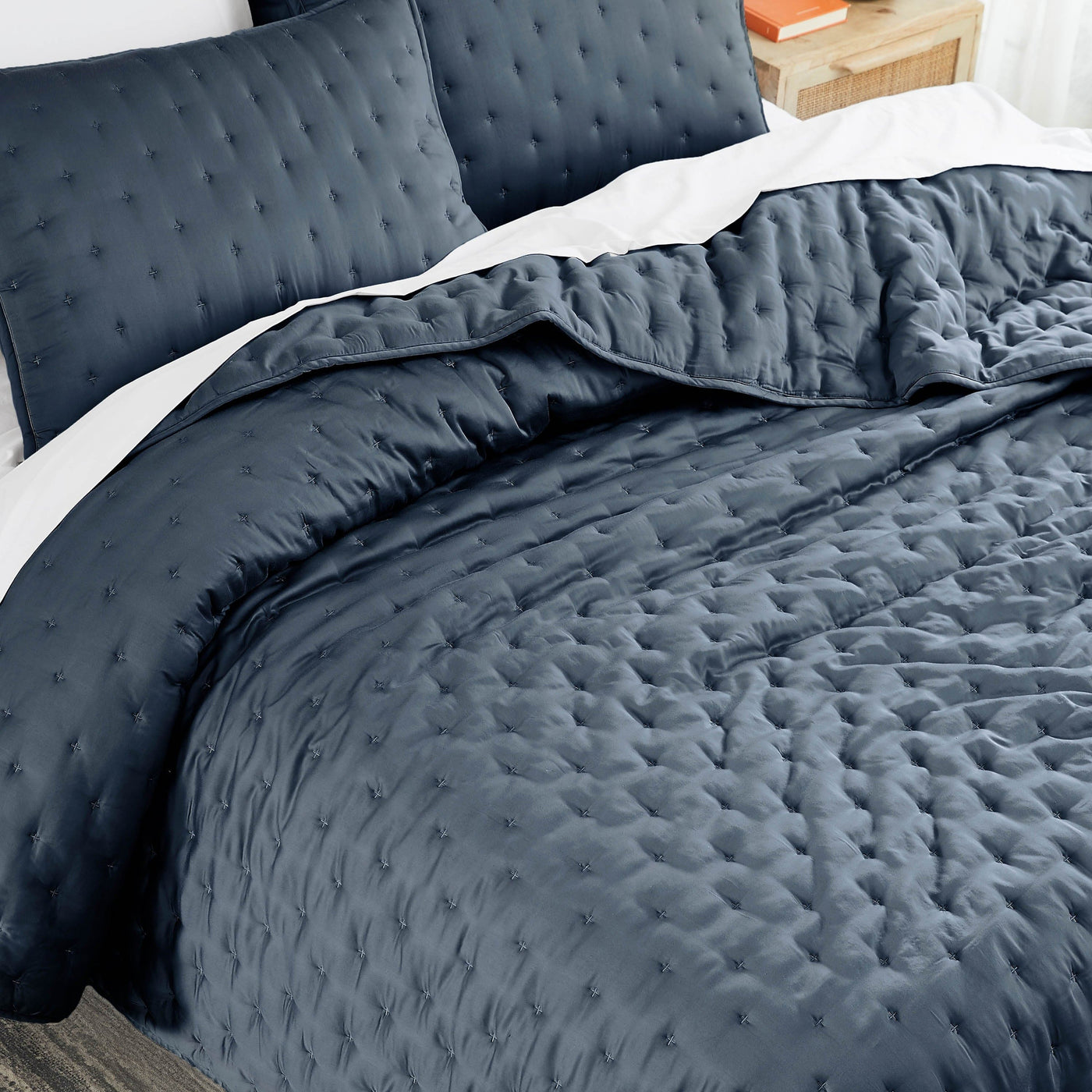 Details and Texture of Luxurious Bamboo Viscose Quilt Set in Steel Blue#color_bamboo-steel-blue