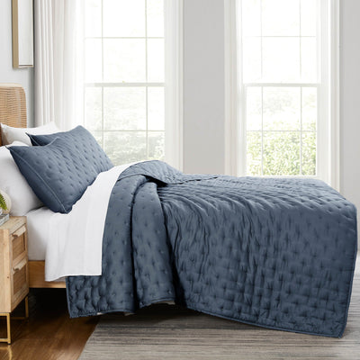 Side View of Luxurious Bamboo Viscose Quilt Set in Steel Blue#color_bamboo-steel-blue