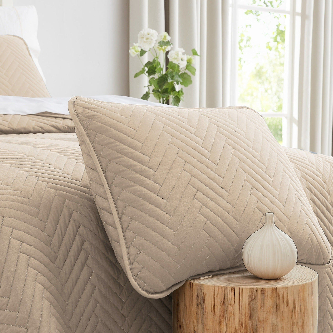 Side View of Chevron Pillow Shams in Sandy Taupe#color_chevron-sandy-taupe