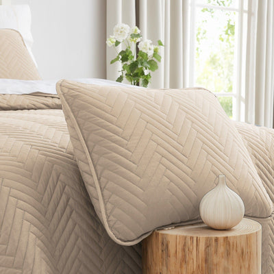 Side View of Chevron Pillow Shams in Sandy Taupe#color_chevron-sandy-taupe