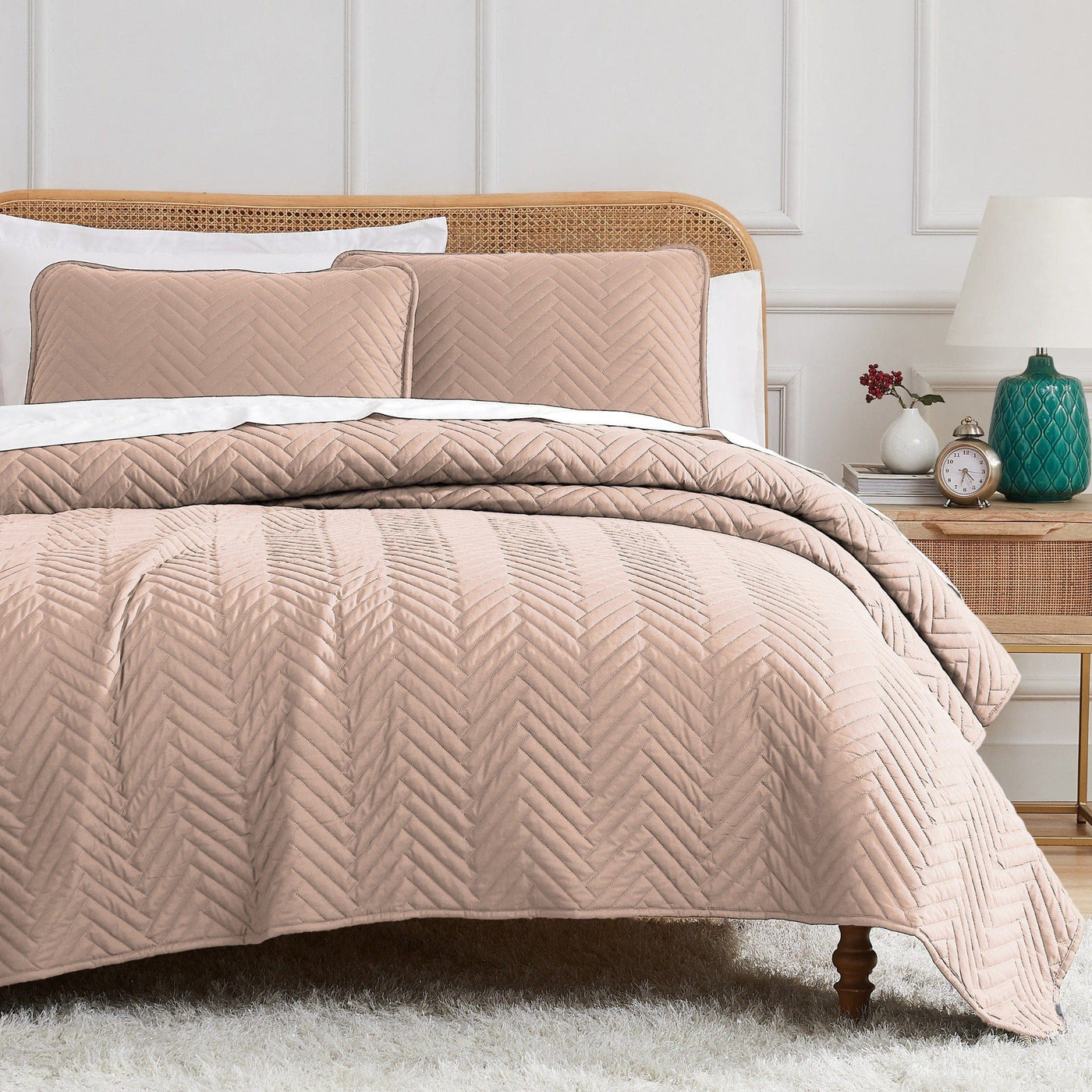 Front View of Chevron Oversized Quilt Set in Rose Dust#color_chevron-rose-dust