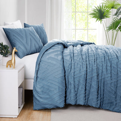 Side View of Chevron Clipped Jacquard Comforter Set in Coronet Blue#color_coronet-blue-clipped-jacquard