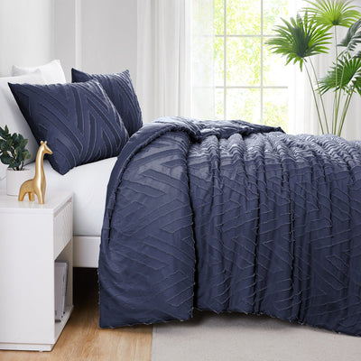 Side View of Chevron Clipped Jacquard Comforter Set in Dark Blue#color_dark-blue-clipped-jacquard