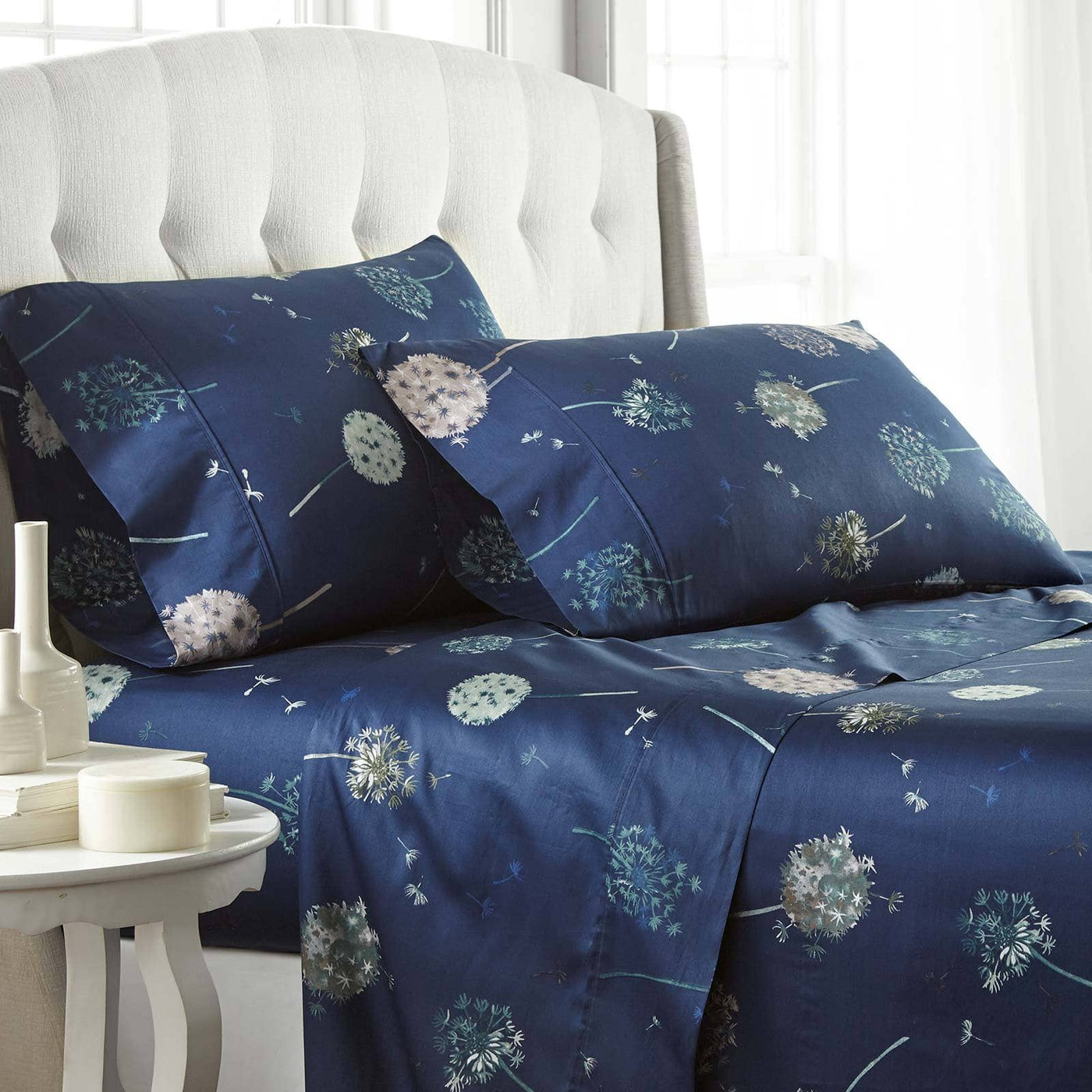 Dandelion Dreams 100% Cotton Sateen Pillow Cases in Navy Blue#color_dandelion-navy-blue