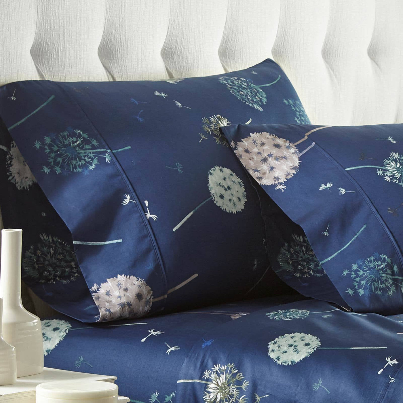 Dandelion Dreams 100% Cotton Sateen Pillow Cases in Navy Blue#color_dandelion-navy-blue