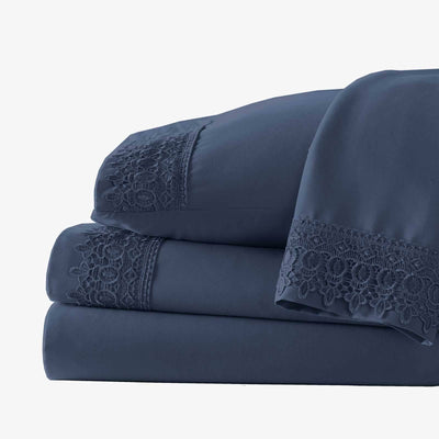 Vintage 4-piece Crochet Lace Hem Extra Deep Pocket Comfortable Sheet Set in Dark Blue#color_vilano-dark-blue