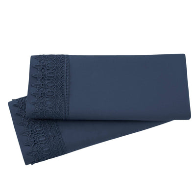 Vilano Lace Hem Pillow Case in Dark Blue Stack Together#color_vilano-dark-blue