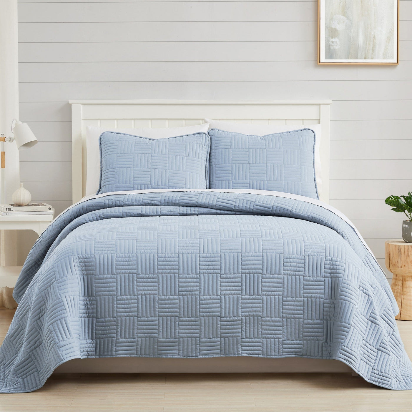 Front View of Grid Oversized Quilt Set in Blue#color_grid-dusty-blue