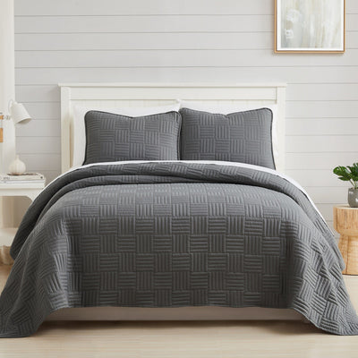 Front View of Grid Oversized Quilt Set in Slate#color_grid-slate