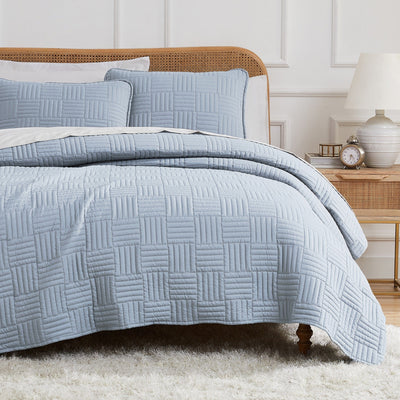 Half Front View of Grid Oversized Quilt Set in Blue#color_grid-dusty-blue