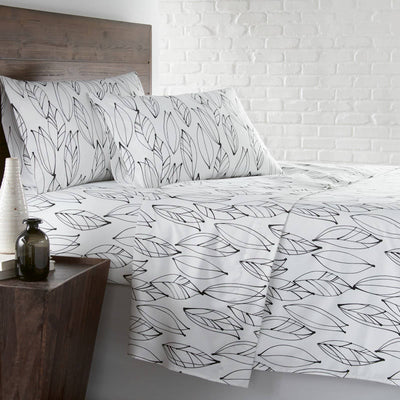 Side View of Modern Foliage Sheet Set in White and Black#color_modern-foliage-white-and-black