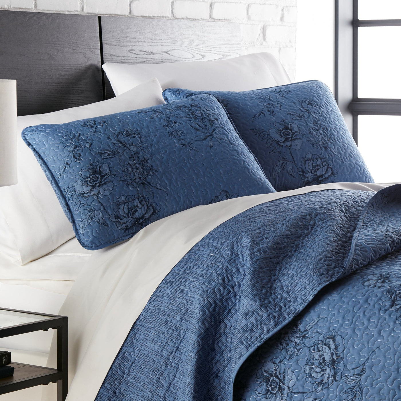 Side View of Harmony Quilted Shams Covers in Blue#color_harmony-blue