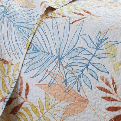 Details and Print Pattern of Tropic Leaf Oversized Quilt Set in Cream#color_tropic-leaf-cream