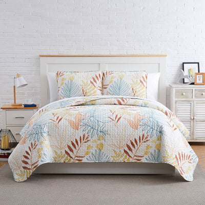Front View of Tropic Leaf Oversized Quilt Set in Cream#color_tropic-leaf-cream