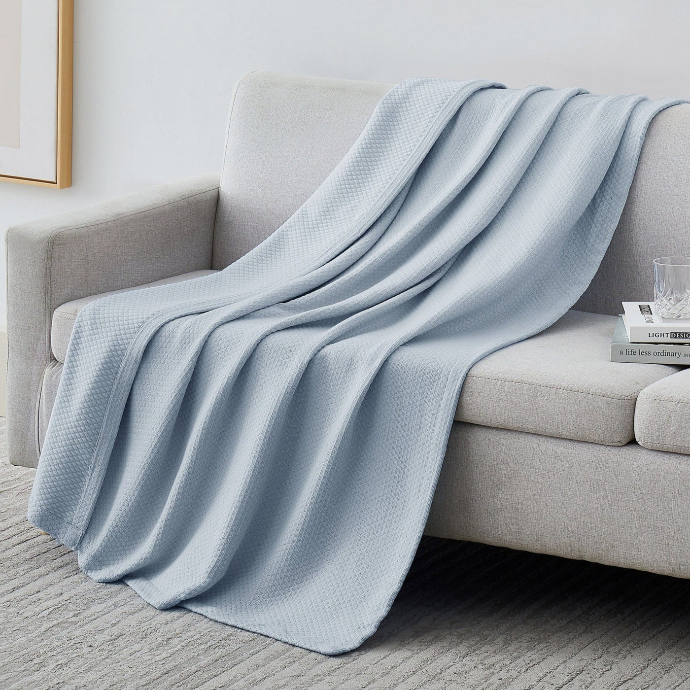 Milton Cotton Blankets and Throws on Couch in Blue#color_milton-blue