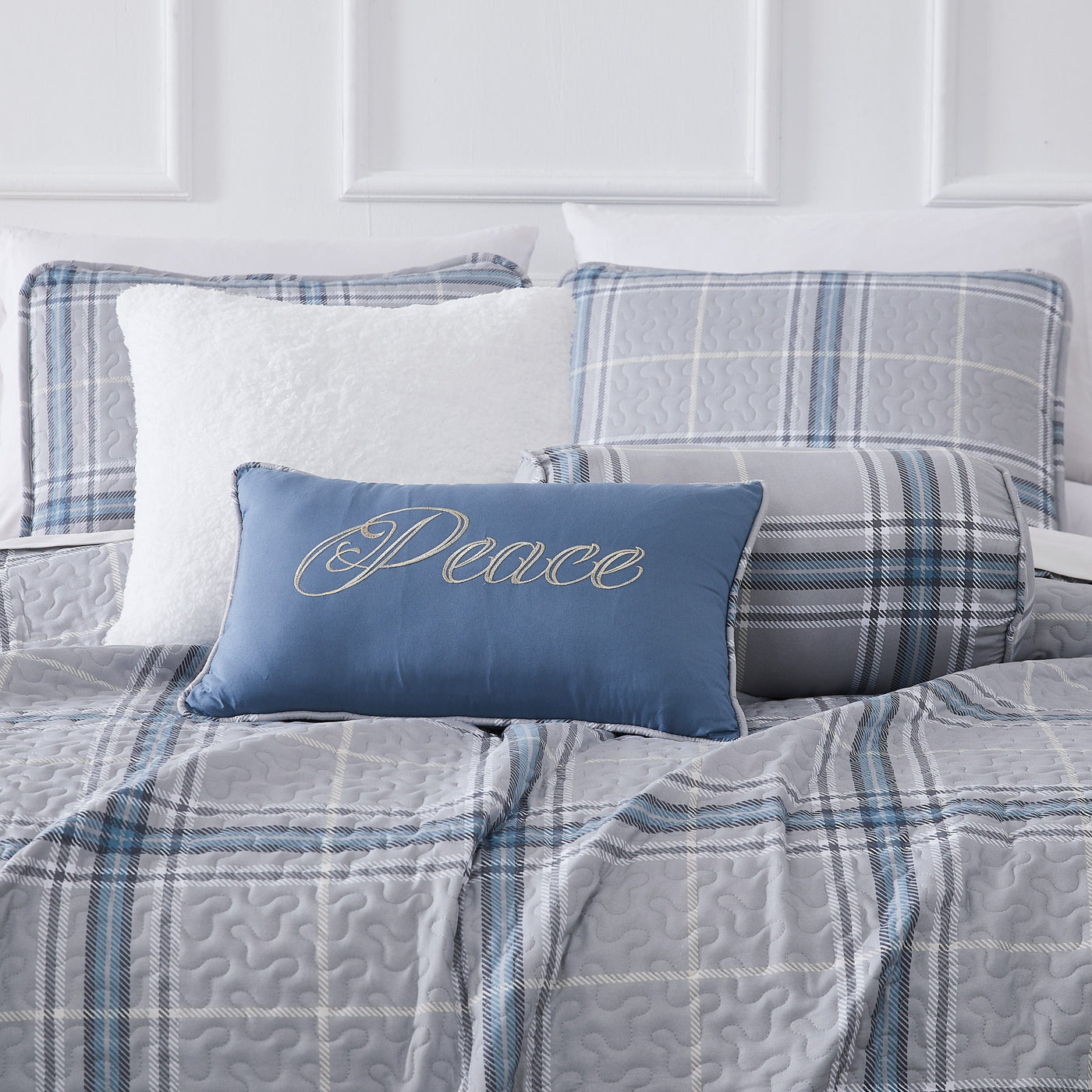 Close Up View of Vilano Plaid Quilted Shams and Pillows in Grey#color_plaid-grey