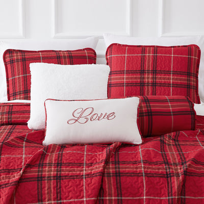 Close Up View of Vilano Plaid Quilted Shams and Pillows in Red#color_plaid-red