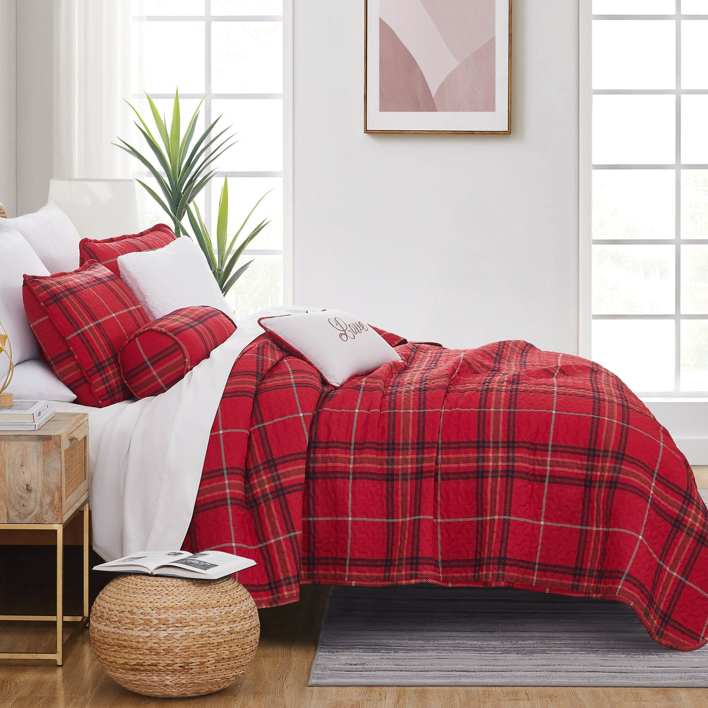 Side View of Vilano Plaid 6-Piece Quilt Bedding Set in Red#color_plaid-red