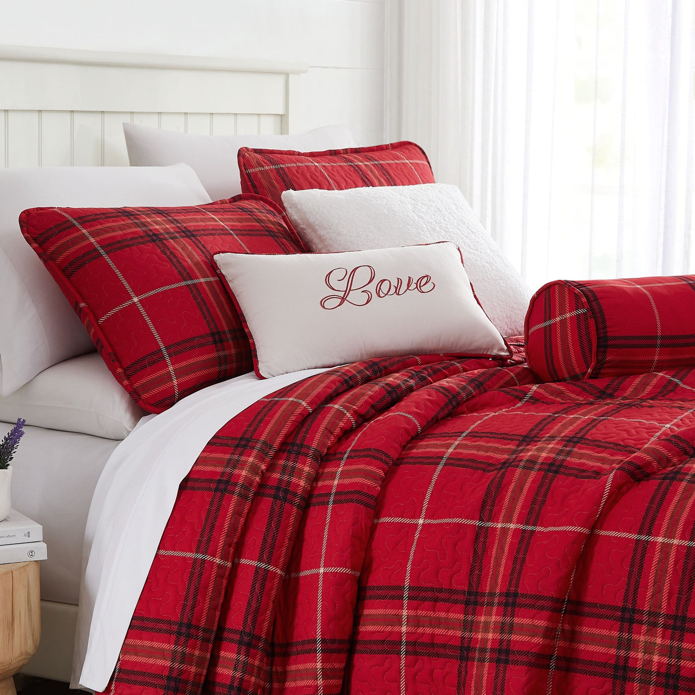 Side View of Vilano Plaid 6-Piece Quilt Bedding Set in Red#color_plaid-red