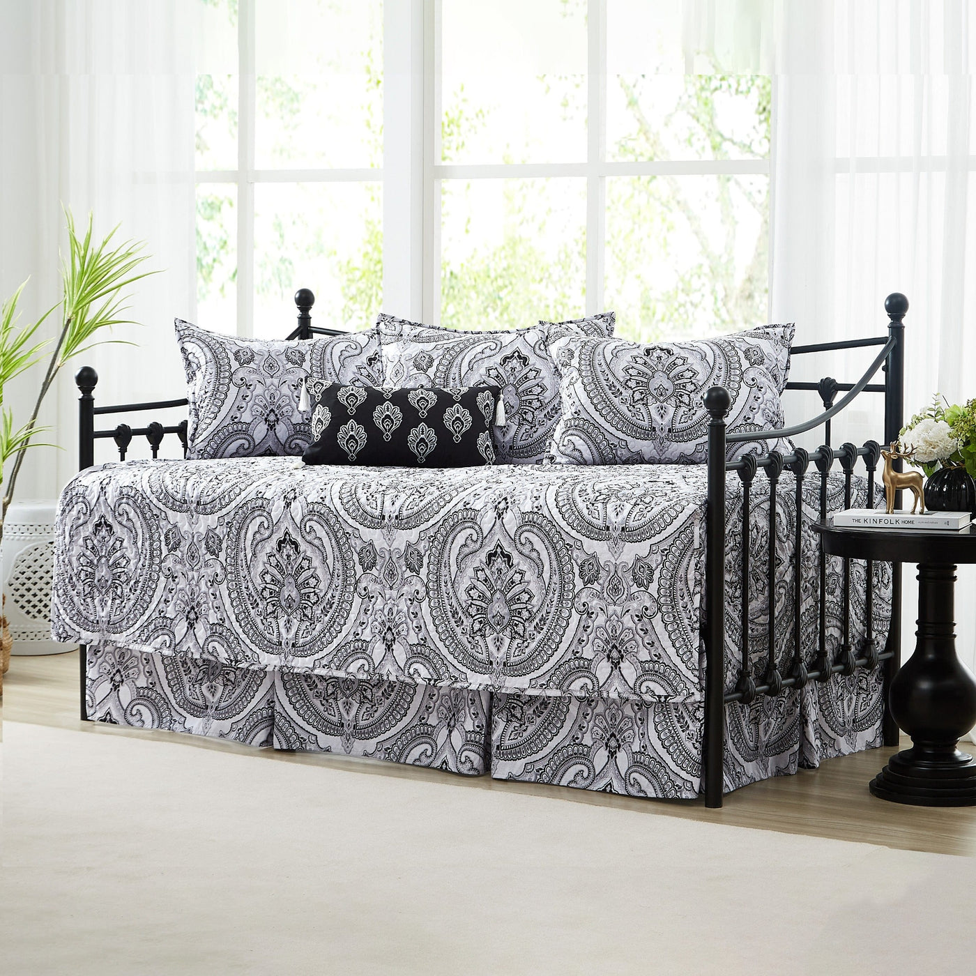 Angled View of Pure Melody 6-Piece Daybed Cover Set in Black#color_pure-melody-black