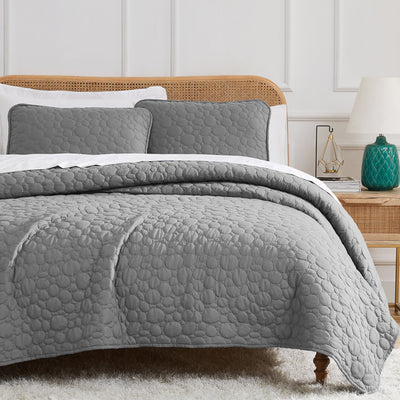 Half Front View of Pebbles Oversized Quilt Set in Grey#color_pebbles-grey