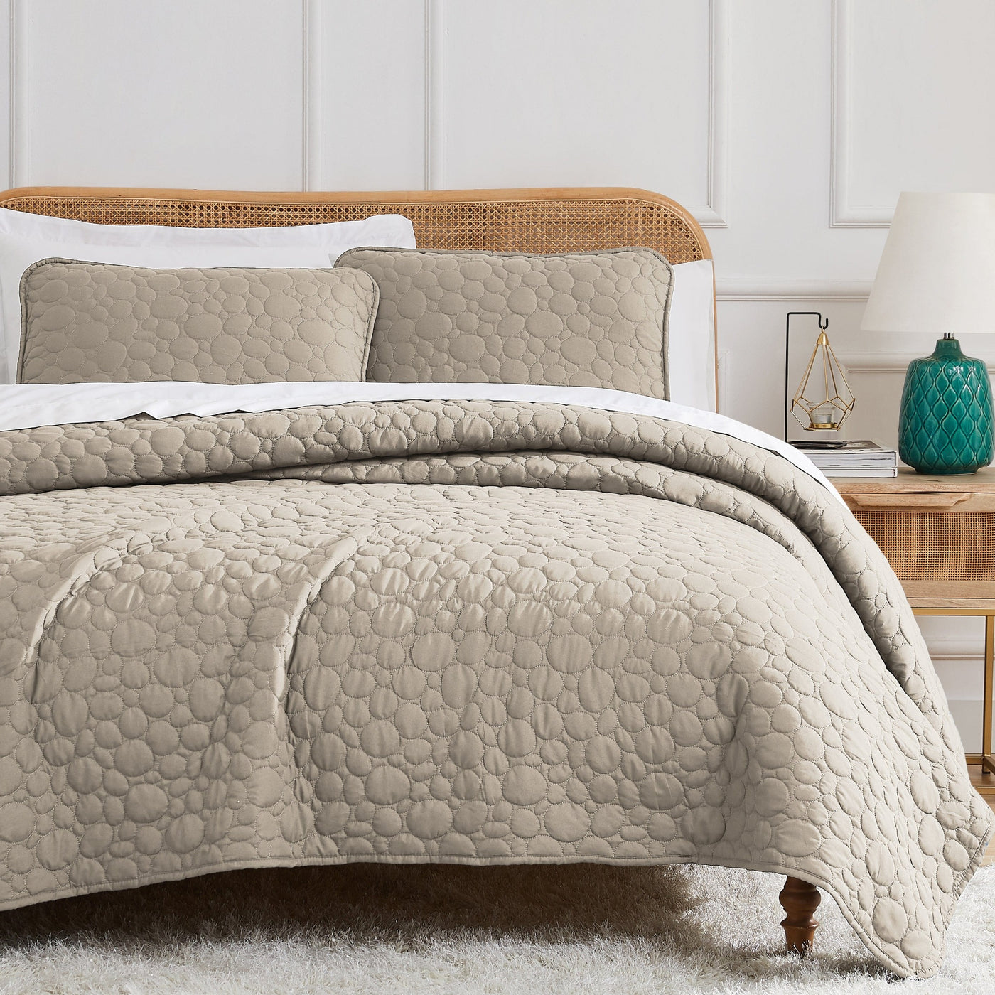Half Front View of Pebbles Oversized Quilt Set in Sandy Taupe#color_pebbles-taupe