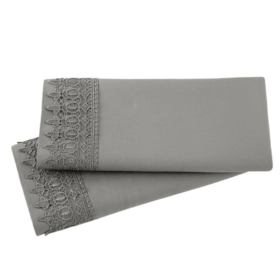 Vilano Lace Hem Pillow Case in Steel Grey Stack Together#color_vilano-steel-gray