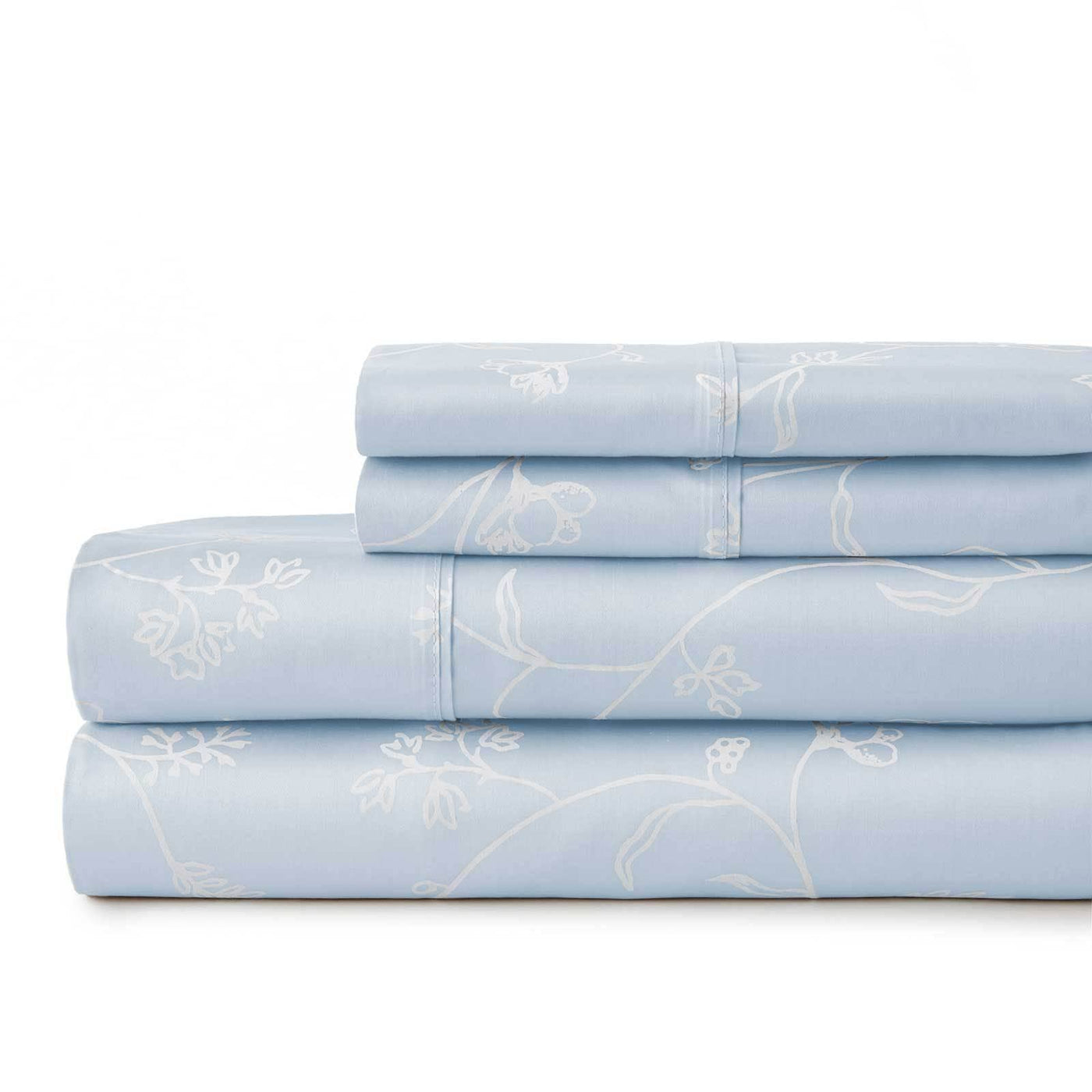 Sweetbrier 100% Cotton Sateen Extra Deep Pocket Sheets Set Luxury Collection in Ballard Blue with White Flowers#color_sweetbrier-ballard-blue-with-white-flowers