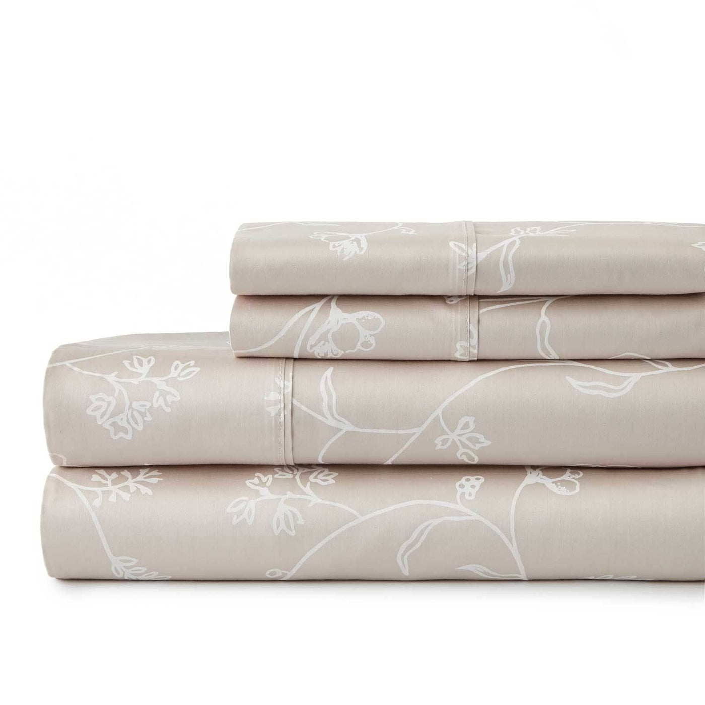Sweetbrier 100% Cotton Sateen Extra Deep Pocket Sheets Set Luxury Collection in Pastel Pink with White Flowers in Sand with White Flowers#color_sweetbrier-soft-sand-with-white-flowers