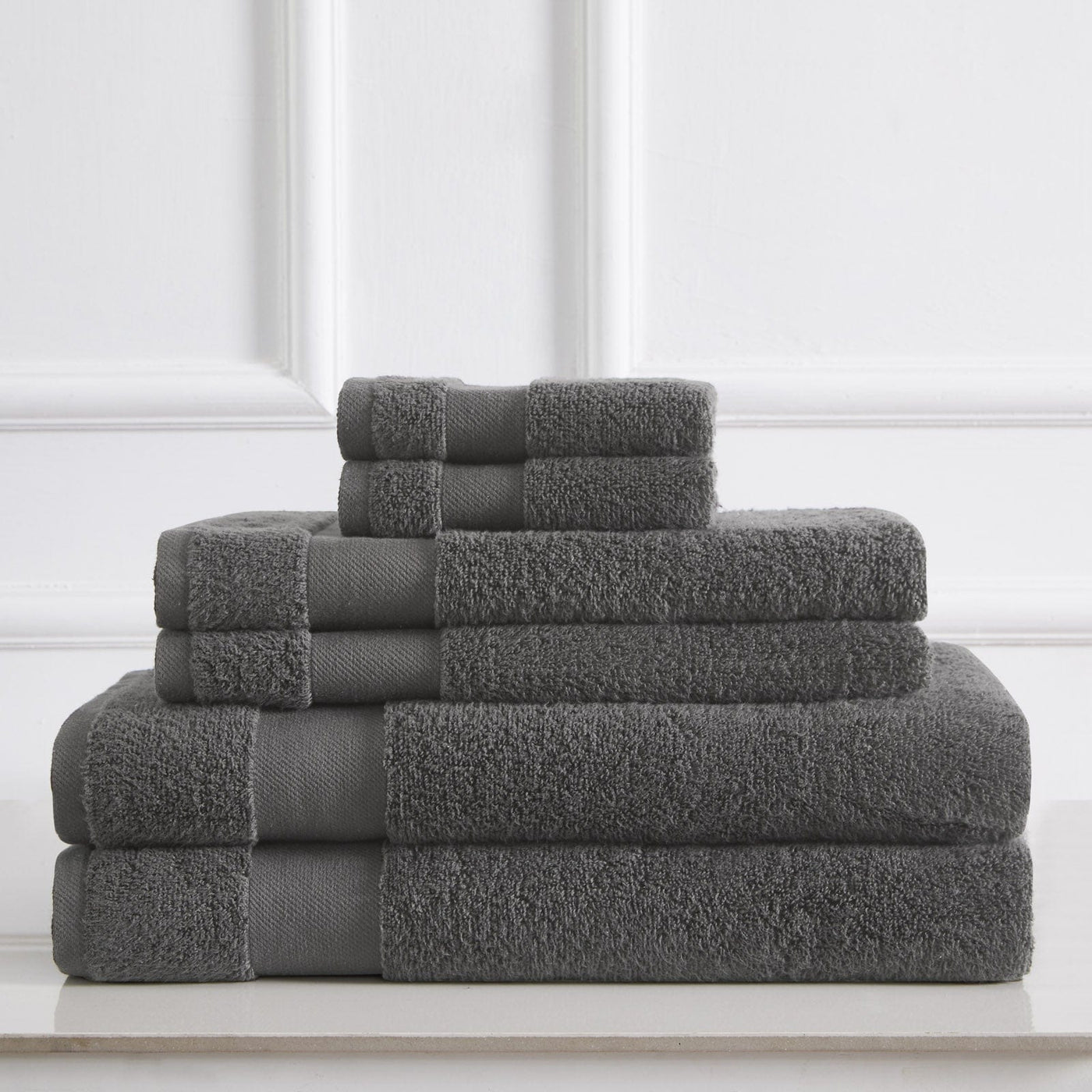 6 Piece of Super-Plush Bath Towel, Hand Towels and Wash Cloth in Charcoal#color_medium-weight-classic-towel-charcoal