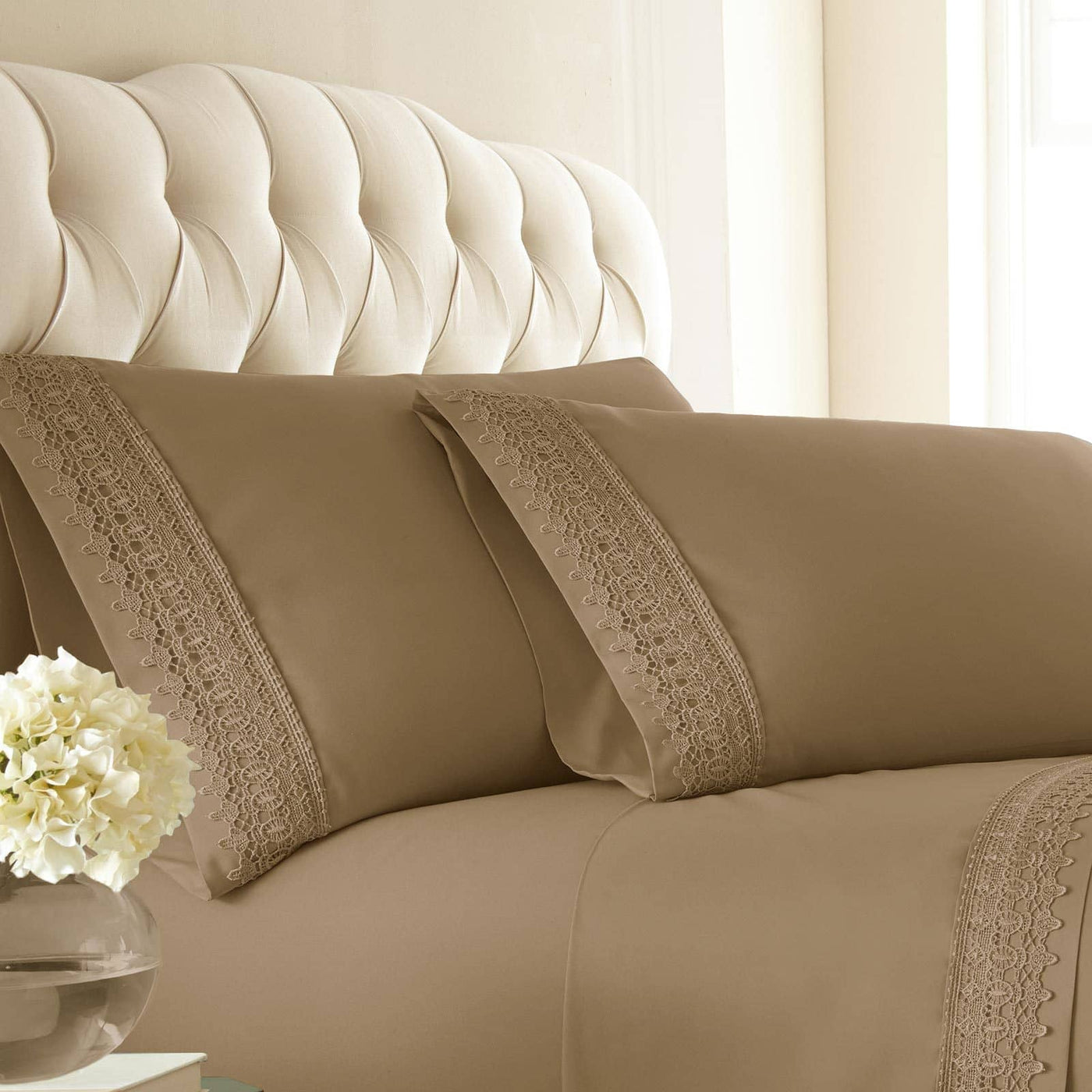 Close Up View of Vilano Lace Hem Pillow Case in Taupe#color_vilano-taupe