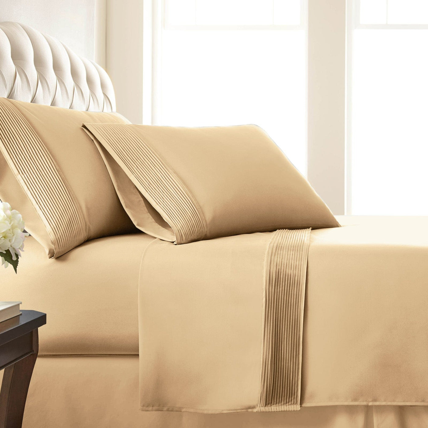 Side View of Vilano Extra Deep Pocket Pleated Sheet Set in Gold#color_vilano-gold