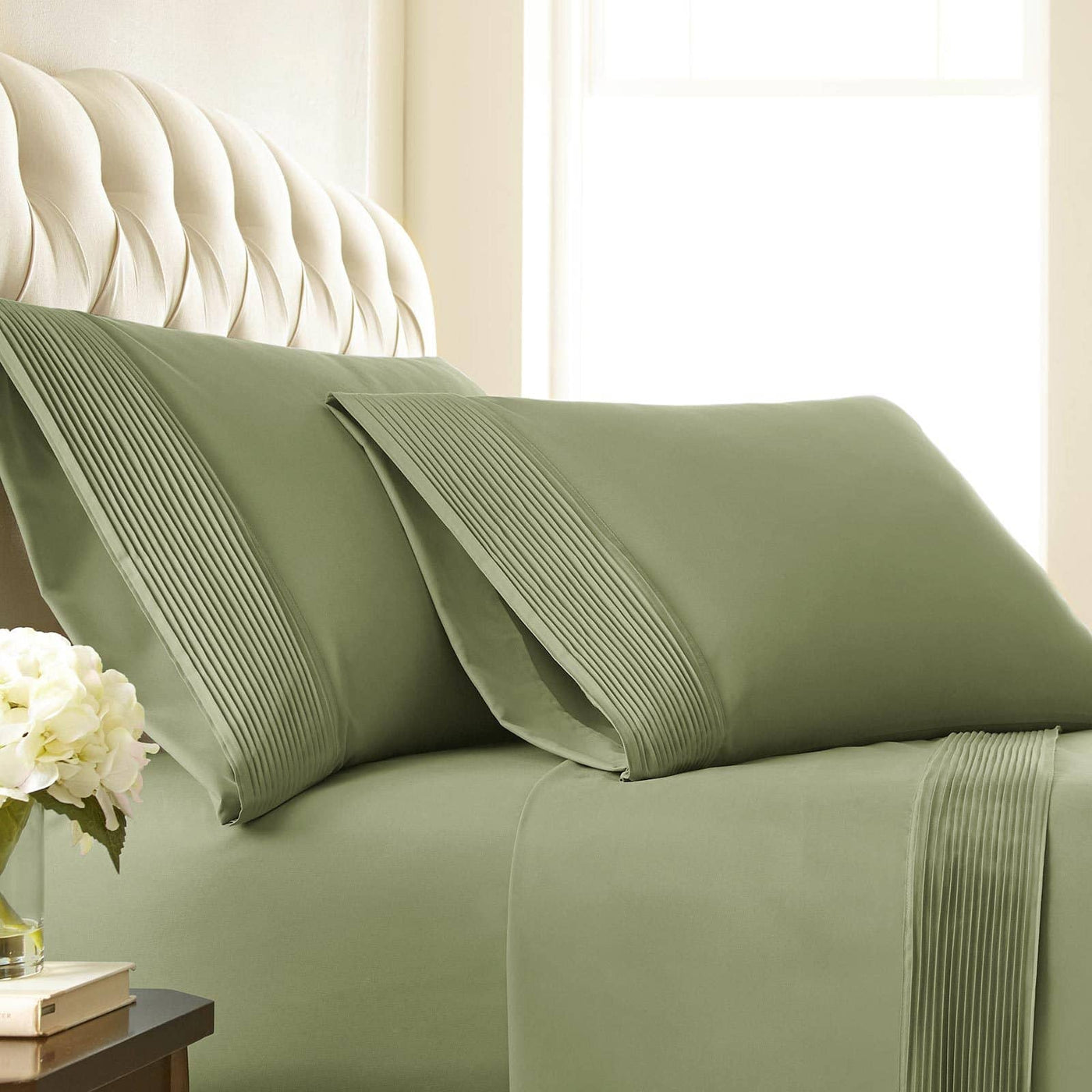 Vilano Springs Pleated Hem Pillow Cases in Sage Green#color_vilano-sage-green