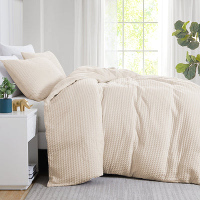 Side View of Waffle Duvet Cover Set in Taupe#color_waffle-taupe