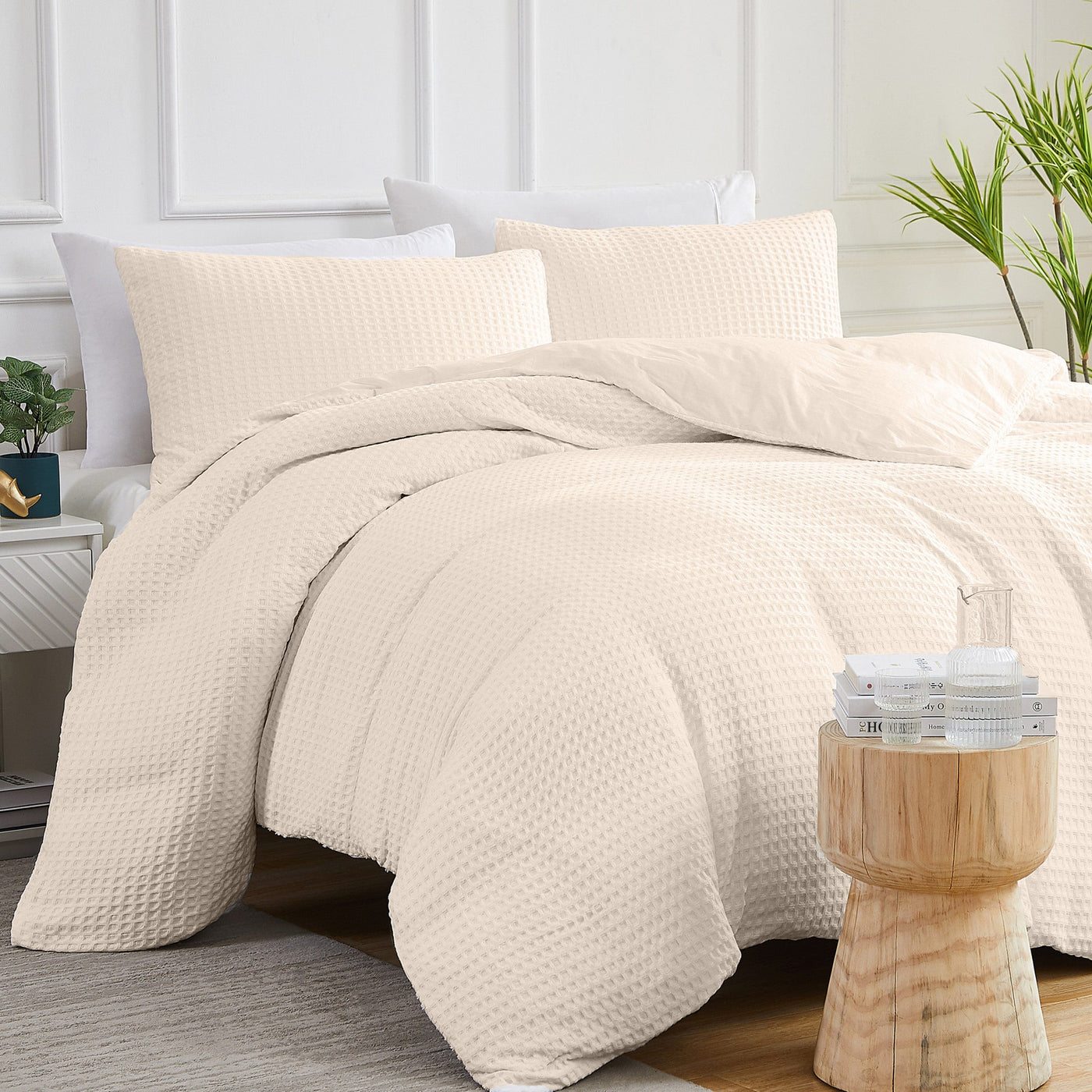 Angled View of Waffle Duvet Cover Set in Taupe#color_waffle-taupe